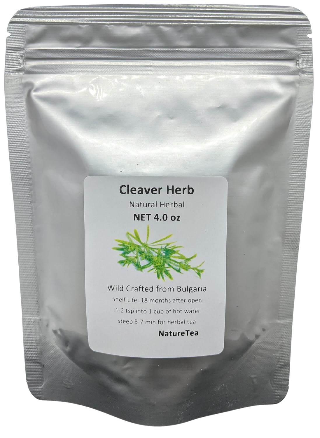 Nature Tea Cleavers dried leaf in a jar, convenient for brewing soothing herbal tea.