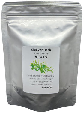 Nature Tea Cleavers dried leaf in a jar, convenient for brewing soothing herbal tea.
