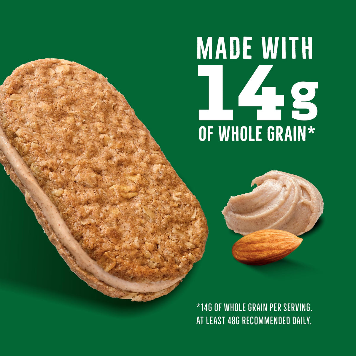 Close-up of Nature Valley almond butter filling in the biscuit sandwich