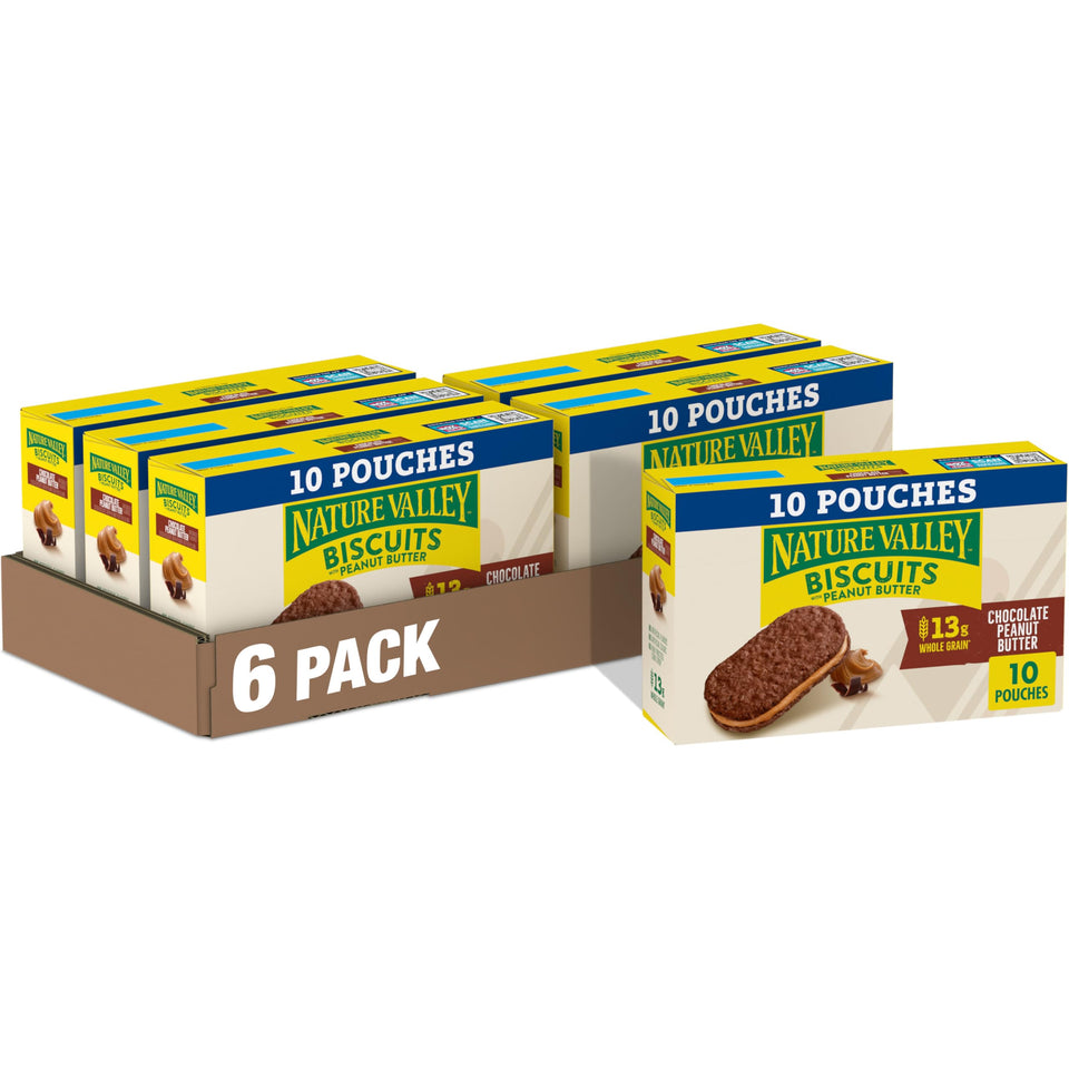 Nature Valley Biscuit Sandwiches in a six-pack box, ideal for on-the-go snacking.