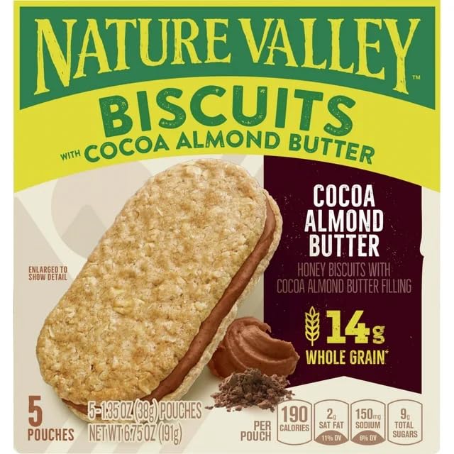 Nature Valley Cocoa Almond Butter Biscuits close-up showing cocoa and almond butter filling.