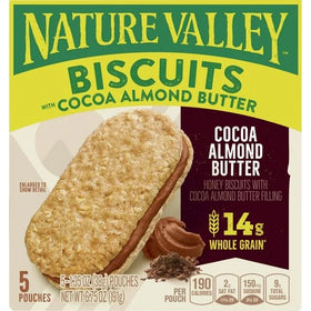 Nature Valley Cocoa Almond Butter Biscuits close-up showing cocoa and almond butter filling.