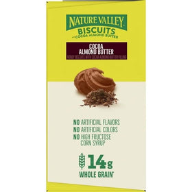 Nature Valley Cocoa Almond Butter Biscuits ingredients panel view for informed snacking.