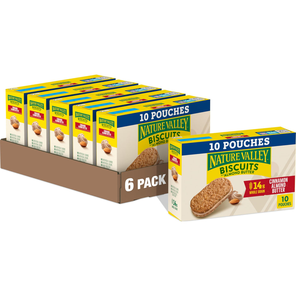 Nature Valley Cinnamon Almond Butter Biscuit Sandwiches pack with almond butter filling for a quick snack