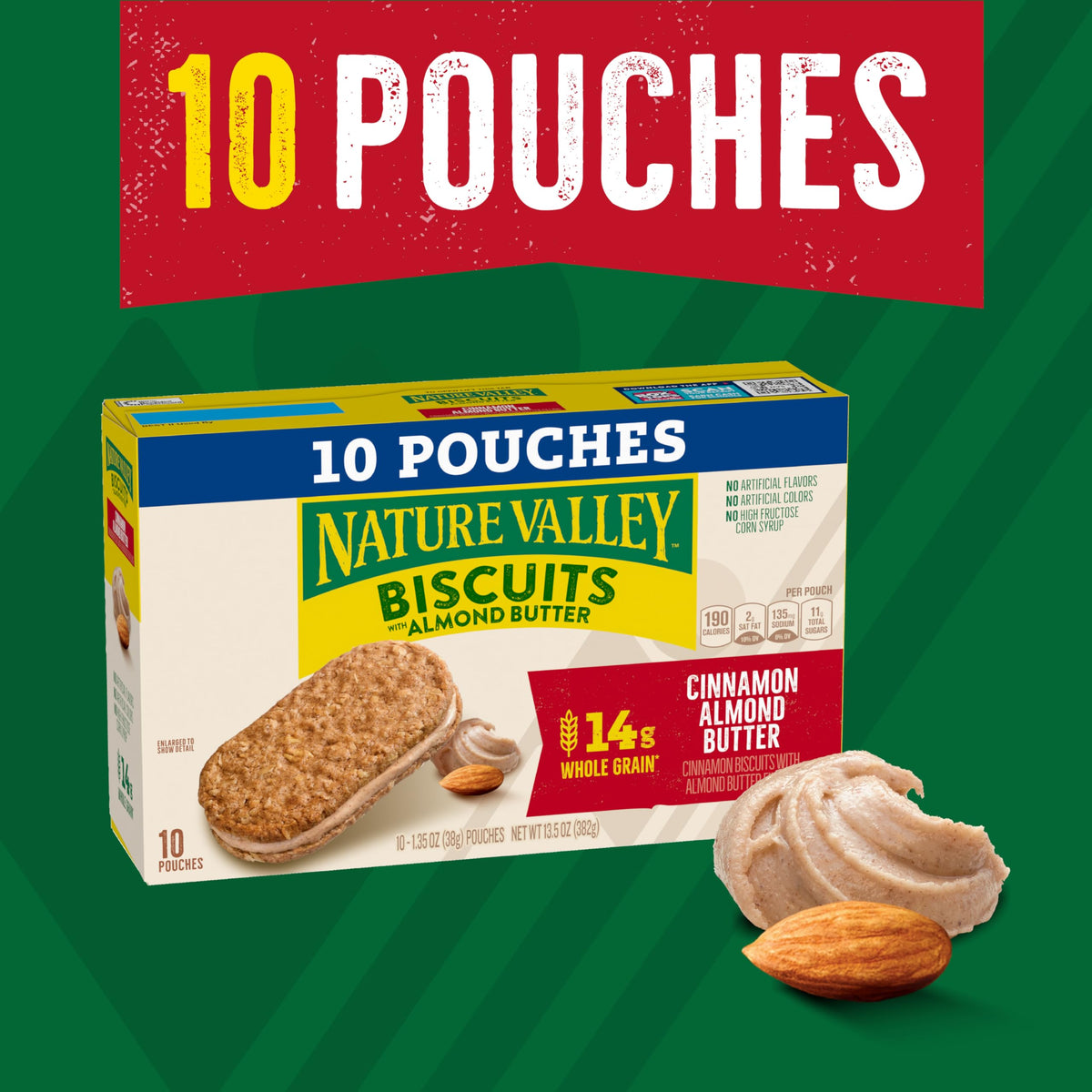Nature Valley Cinnamon Almond Butter Biscuit Sandwiches sliced to show creamy almond butter center