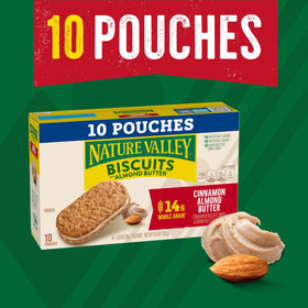 Nature Valley Cinnamon Almond Butter Biscuit Sandwiches sliced to show creamy almond butter center