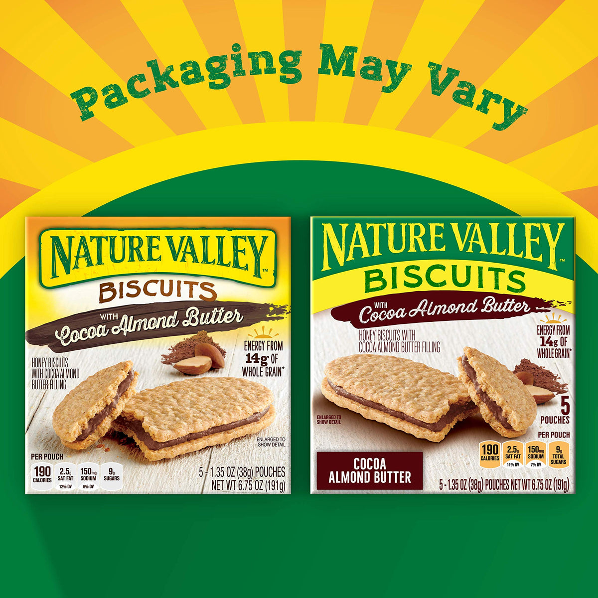 Nature Valley Cocoa Almond Butter Biscuit Sandwich, close-up shows creamy filling.