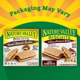 Nature Valley Cocoa Almond Butter Biscuit Sandwich, close-up shows creamy filling.