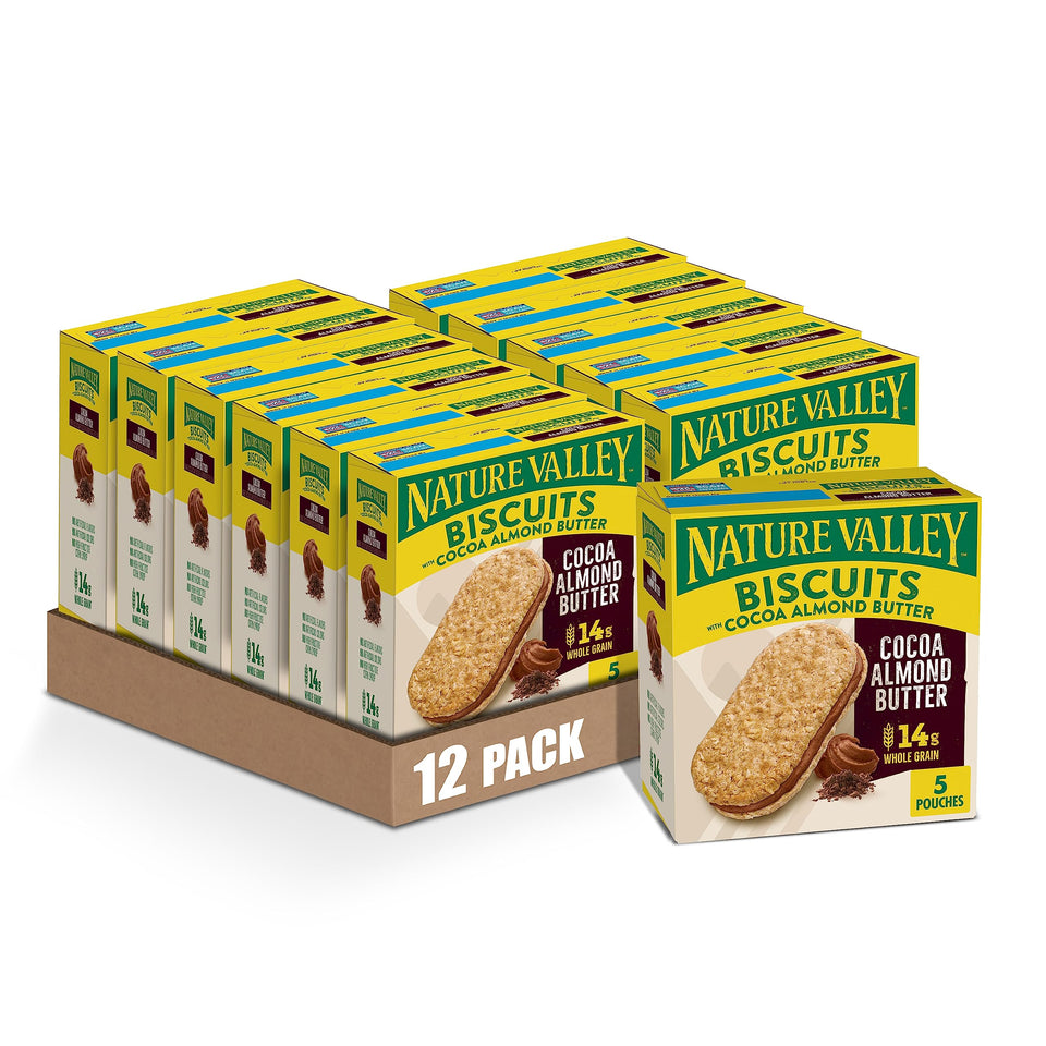 Nature Valley Cocoa Almond Butter Biscuit Sandwiches pack 12, convenient on-the-go snacking for busy days.
