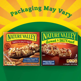 Nature Valley granola bar close-up showing almonds and pretzel bits for a tasty snack