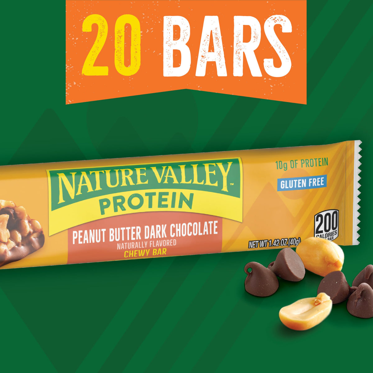 Nature Valley Peanut Butter Dark Chocolate bar close-up showcasing chewy texture.