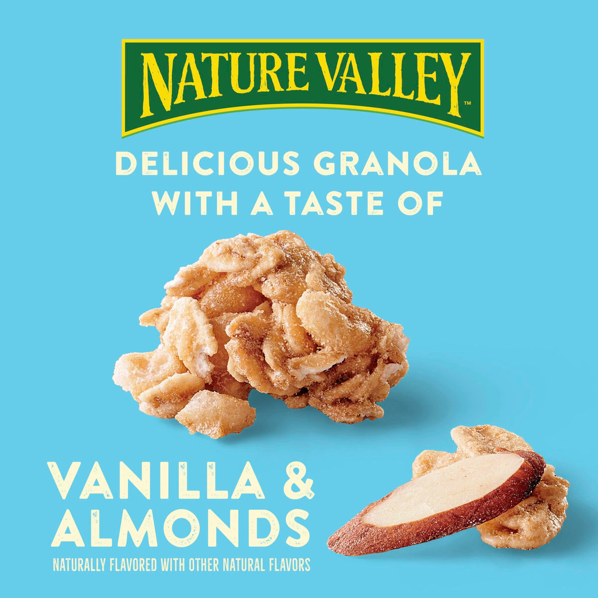 Nature Valley Vanilla Almond granola ingredients highlighting real almonds and vanilla flavor.