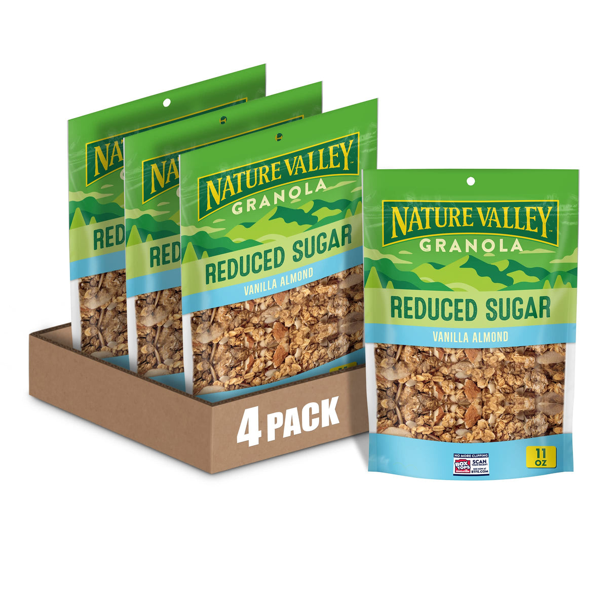 Nature Valley Vanilla Almond Reduced Sugar Granola bag with resealable zipper for easy breakfasts.