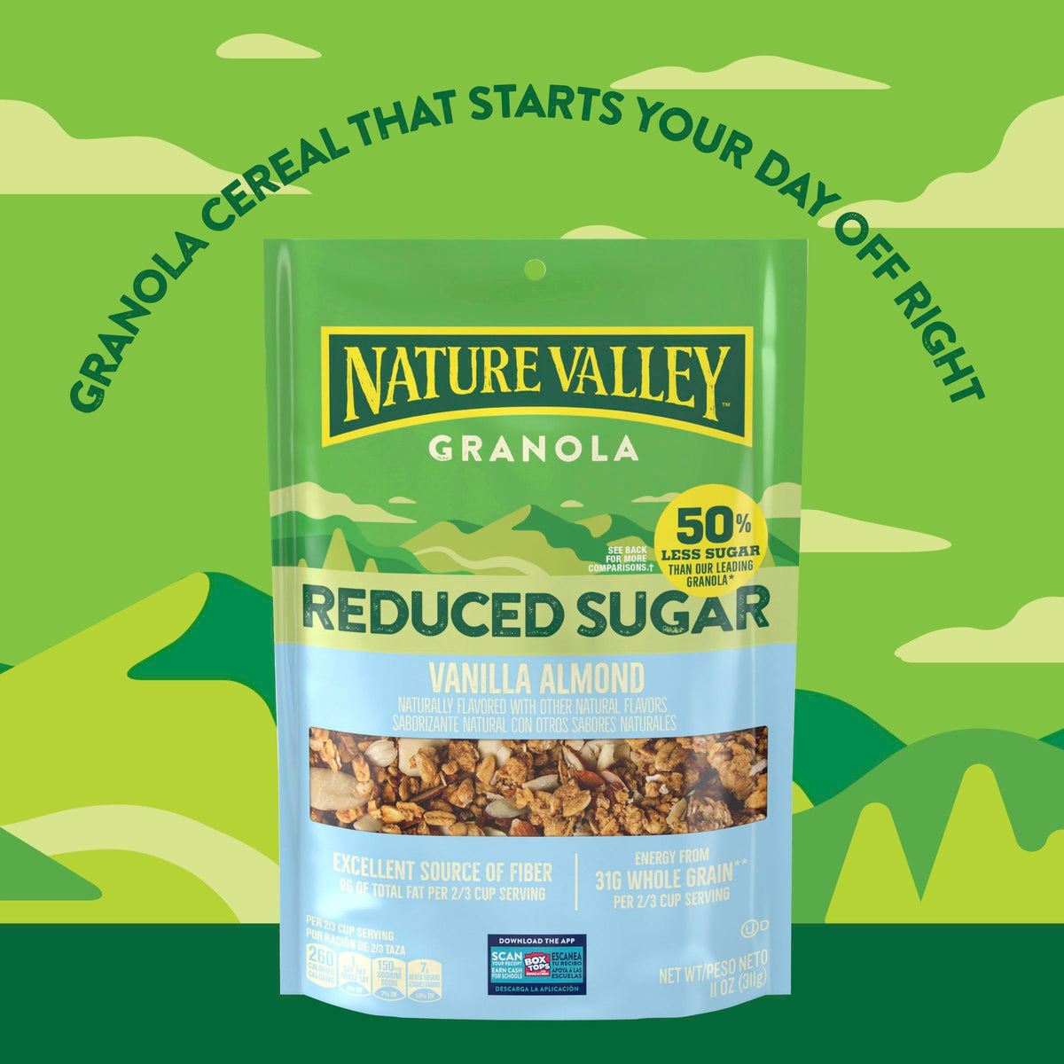 Four 11 oz resealable bags keep granola fresh.