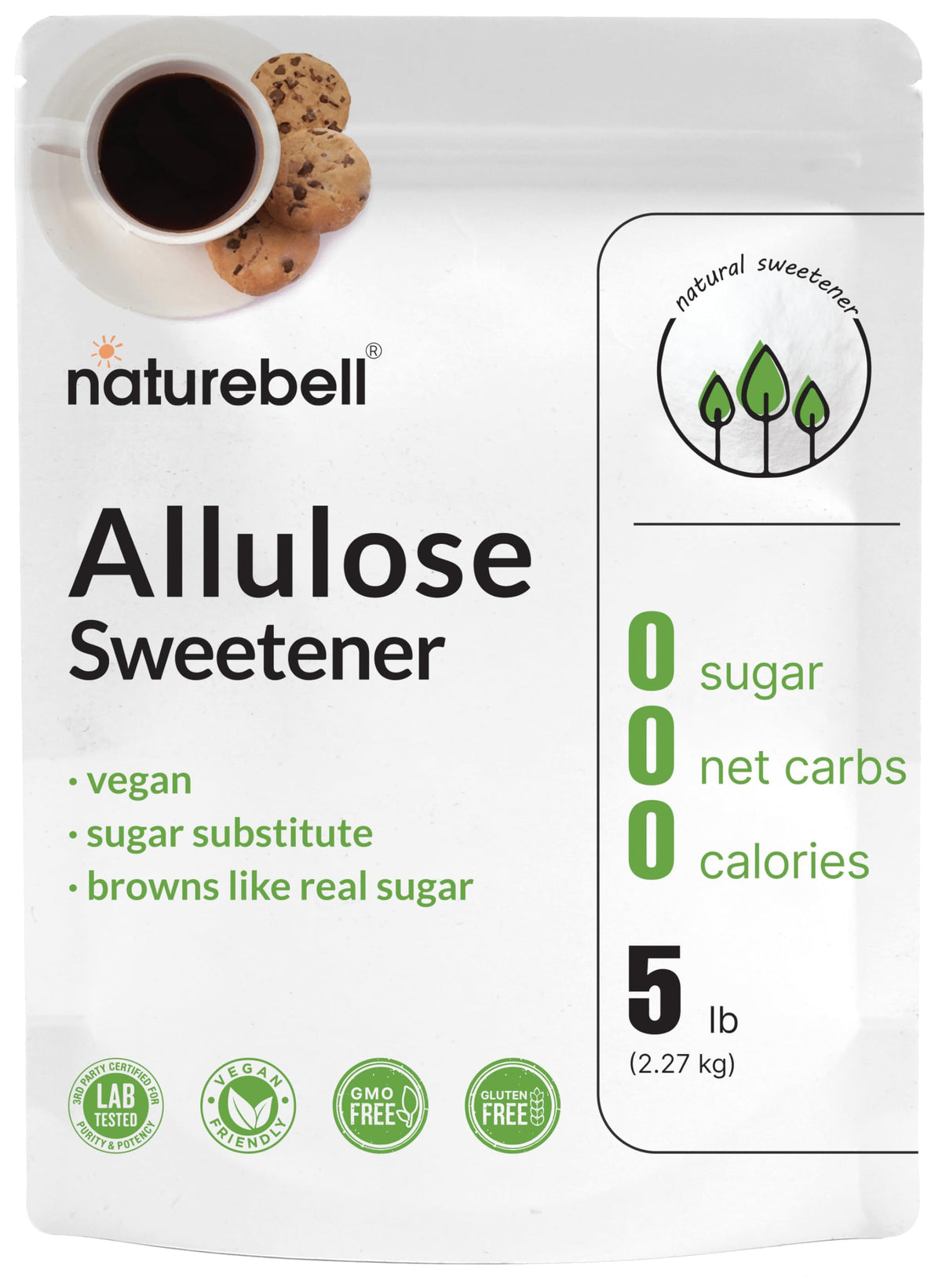 NatureBell Allulose bottle pouring, zero-calorie sweetness for beverages