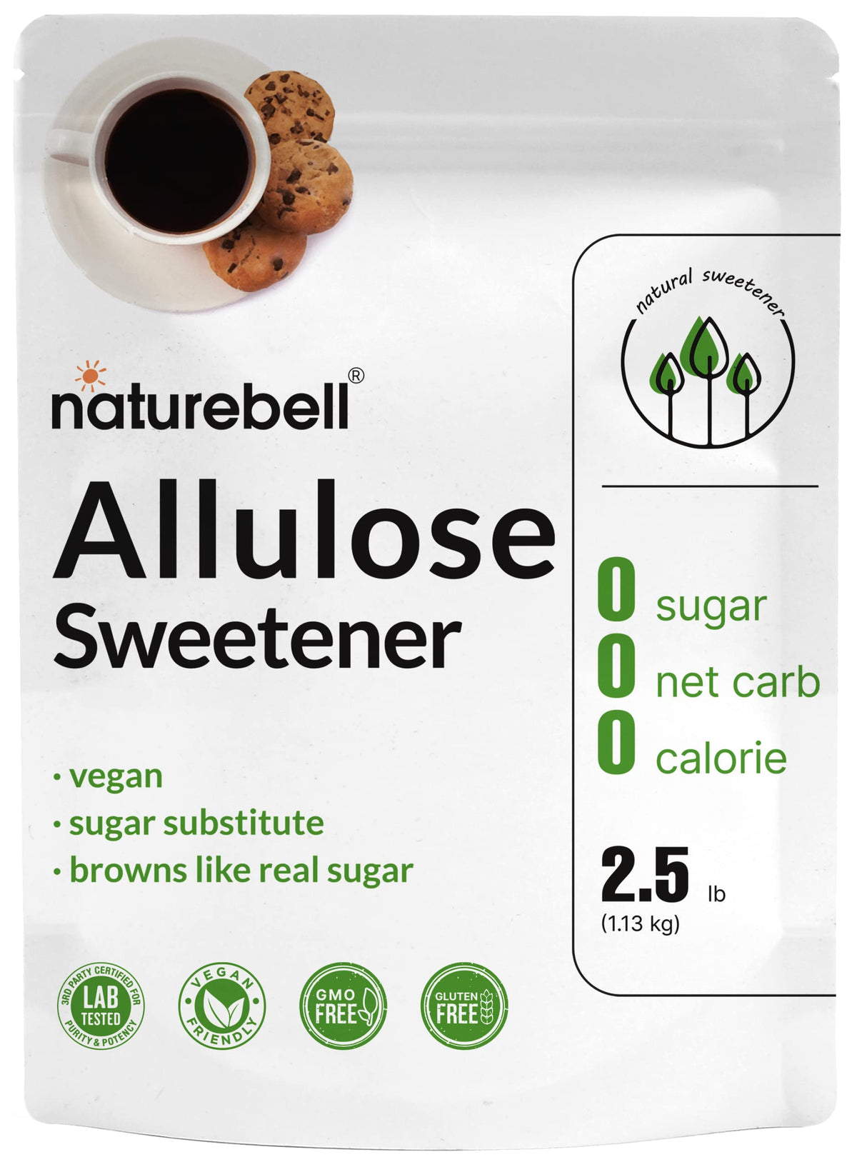 NatureBell Allulose bulk packaging shown for keto-friendly baking and beverages