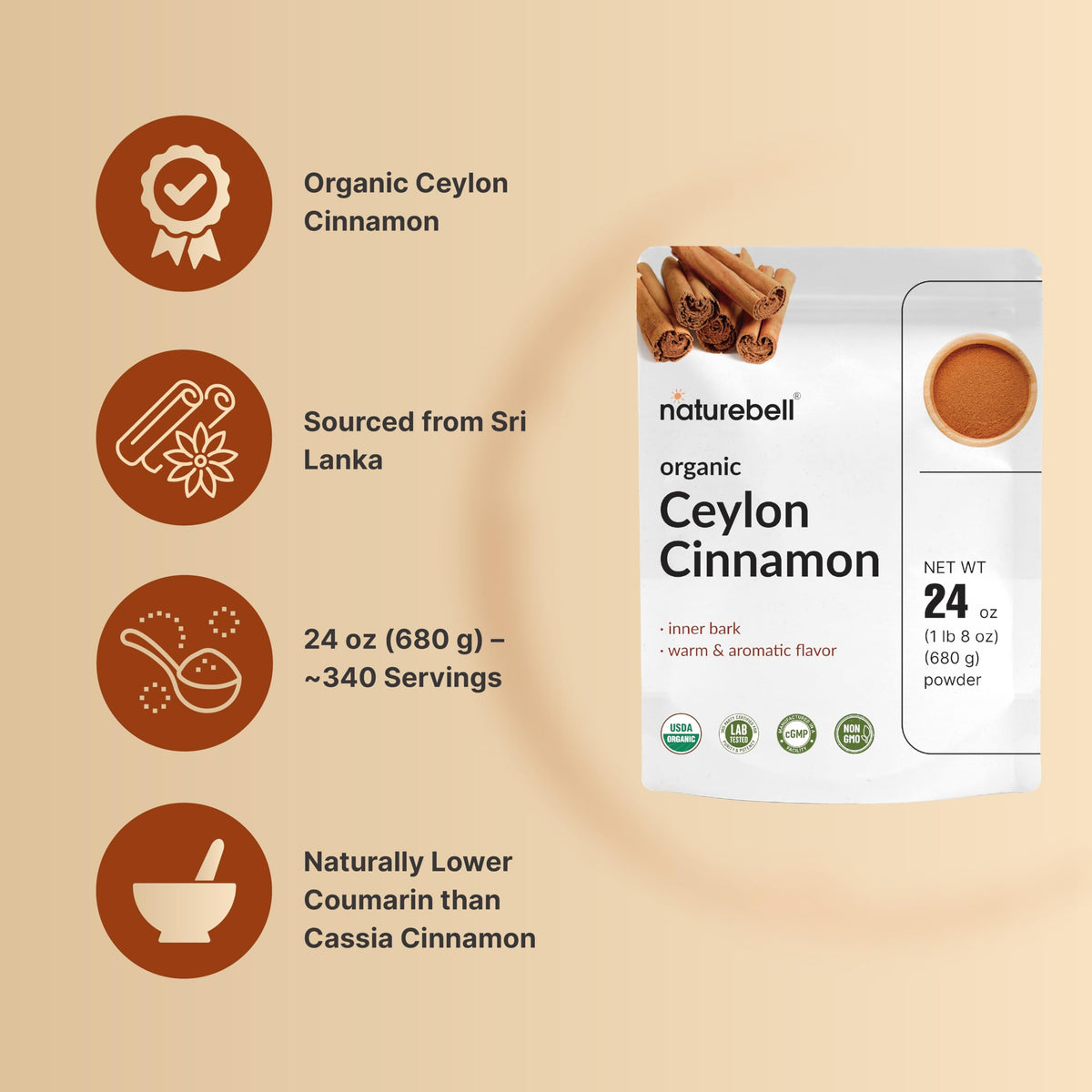NatureBell cinnamon powder texture close-up for smooth baking.