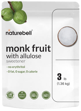 NatureBell monk fruit and allulose bottle front showing zero calories and zero net carbs