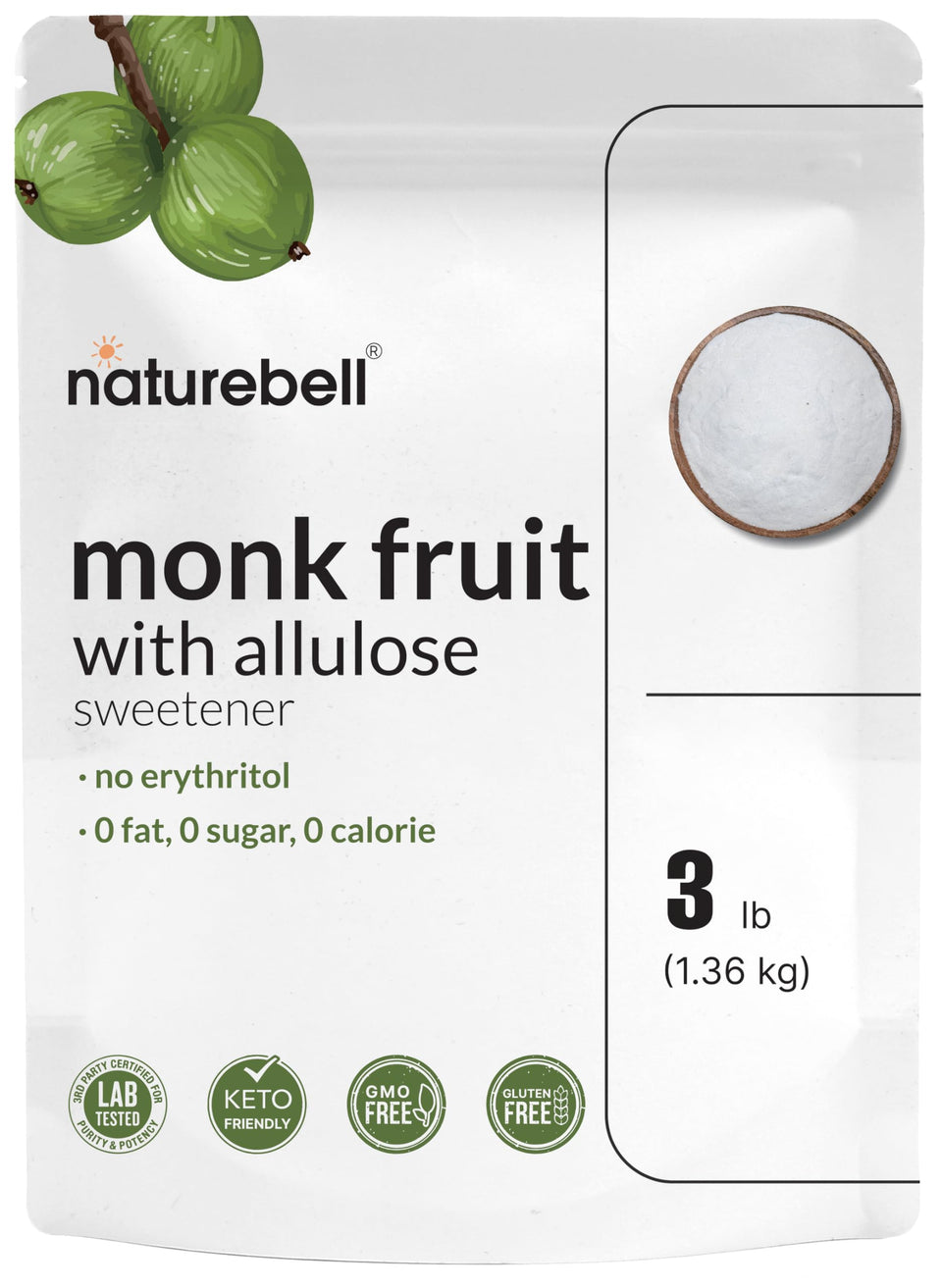 NatureBell monk fruit and allulose bottle front showing zero calories and zero net carbs