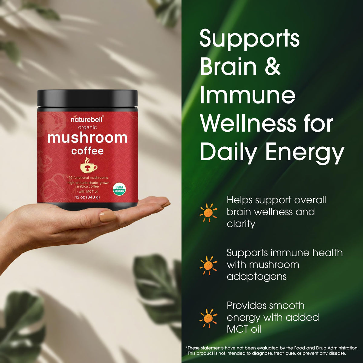 NatureBell Mushroom Coffee with MCT oil for steady energy.