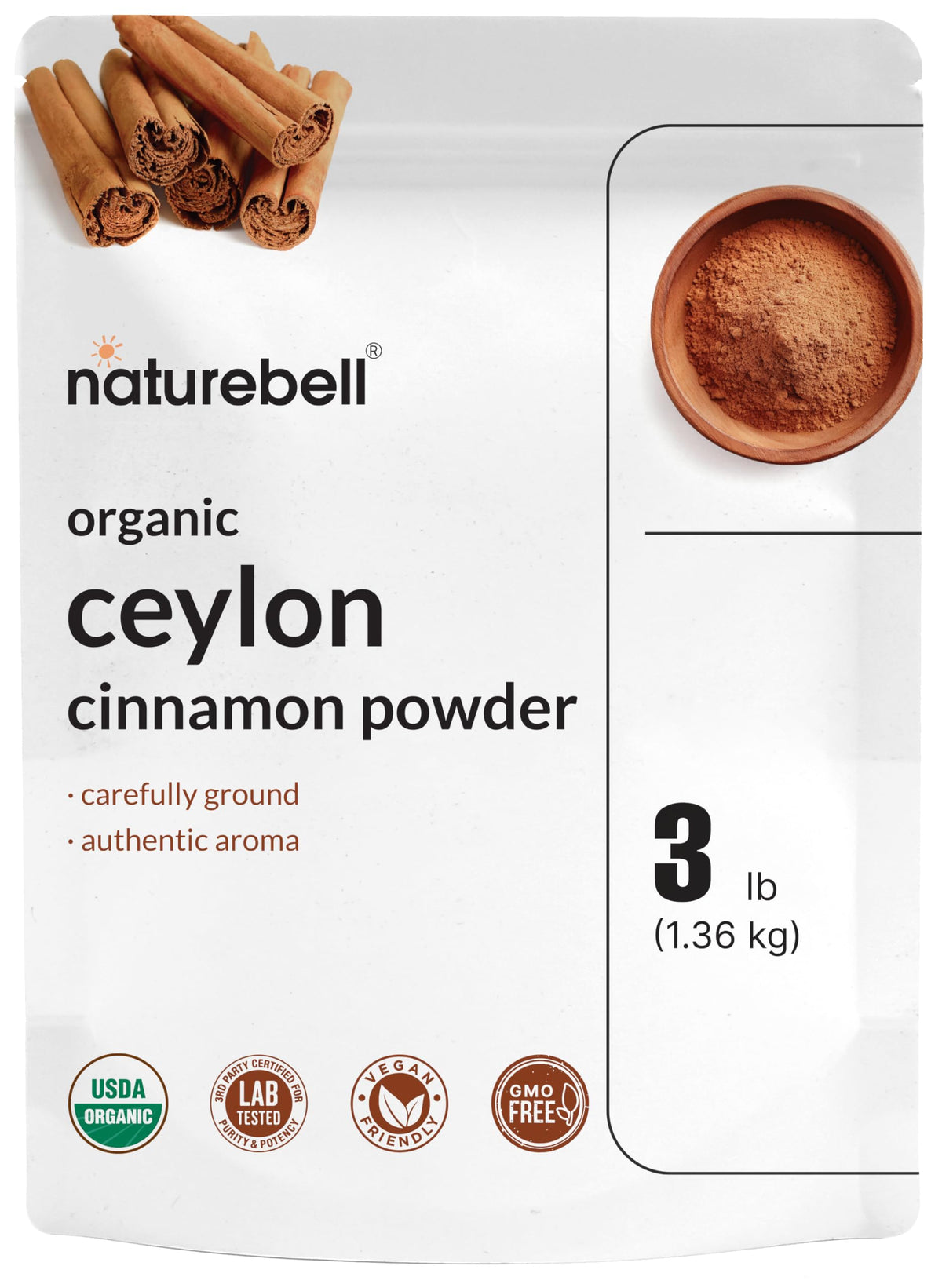 NatureBell Organic Ceylon Cinnamon Powder 3lbs bag label showcasing gluten-free, non-GMO spice.