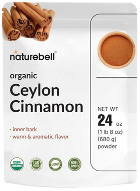 NatureBell Organic Ceylon Cinnamon Powder jar shows premium aroma for rich baking.