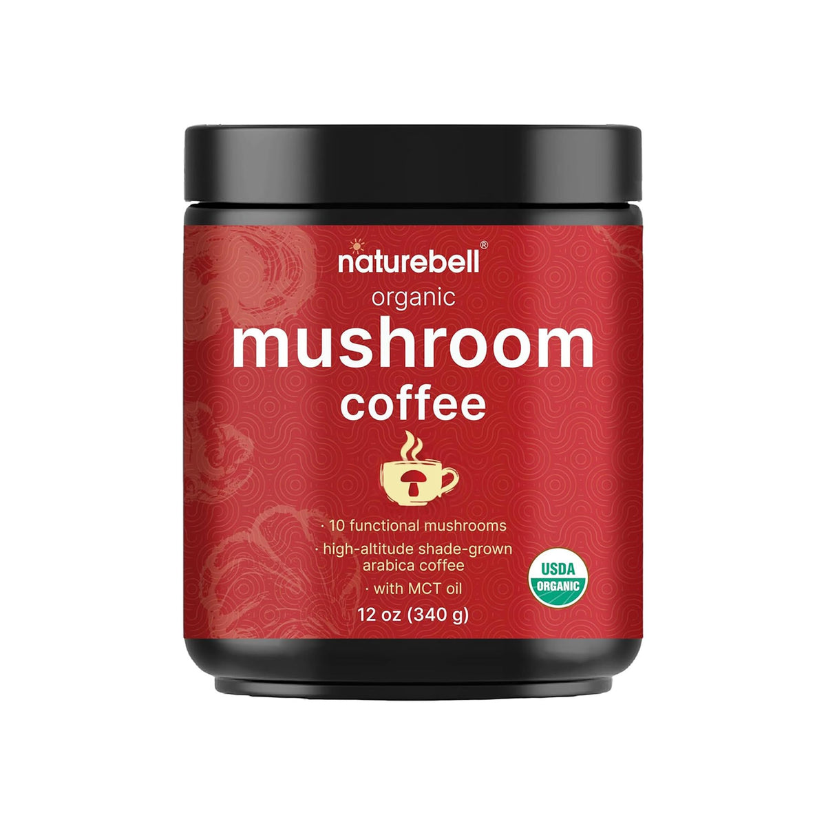 NatureBell Organic Mushroom Coffee bag signaling premium blend for energy.