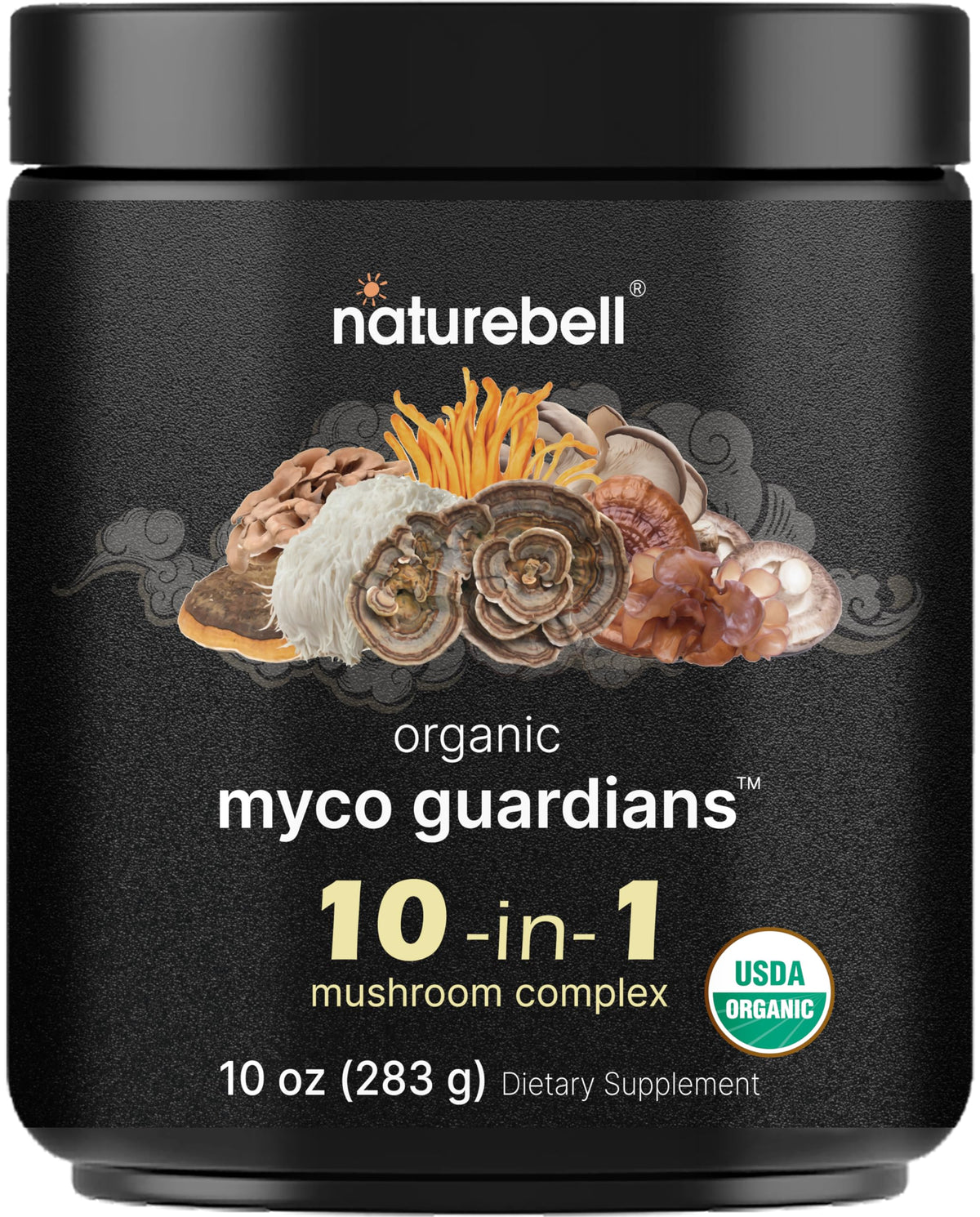 NatureBell Organic Mushroom Powder 10oz bottle for energizing mornings.