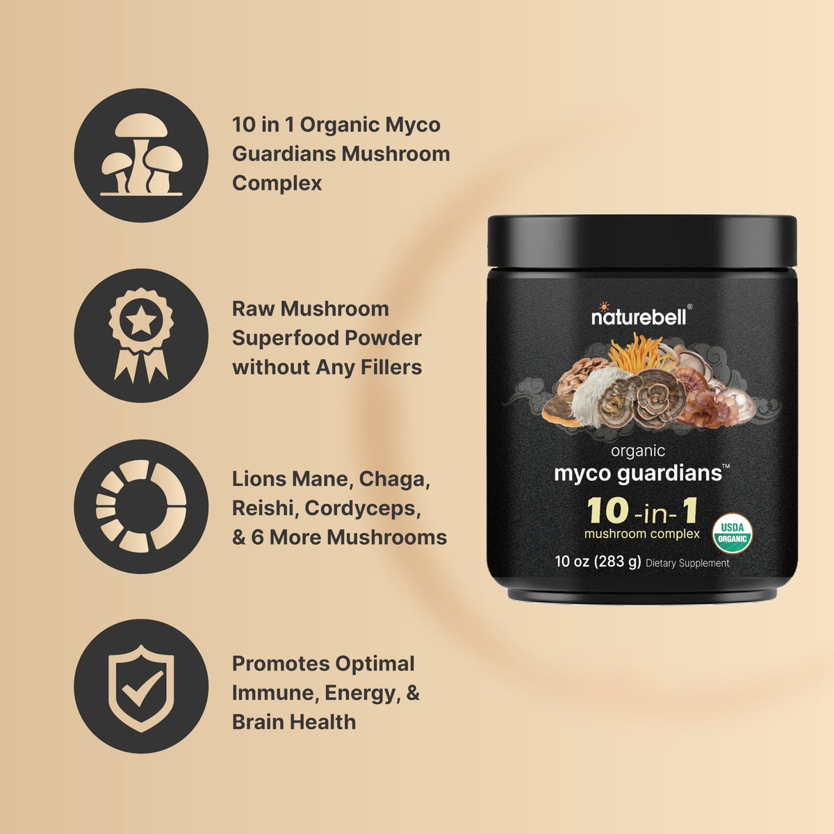 NatureBell ten-mushroom blend ingredients showcase a diverse adaptogenic nootropic mix.