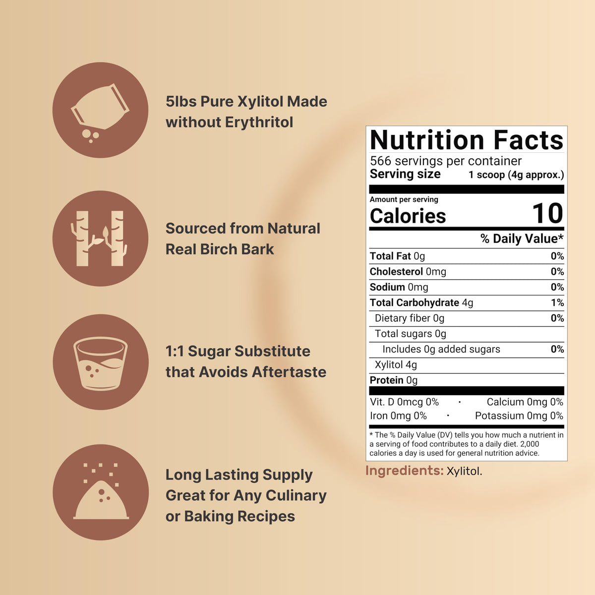 NatureBell Xylitol Sweetener scoop 4g shows precise sugar substitution for recipes.