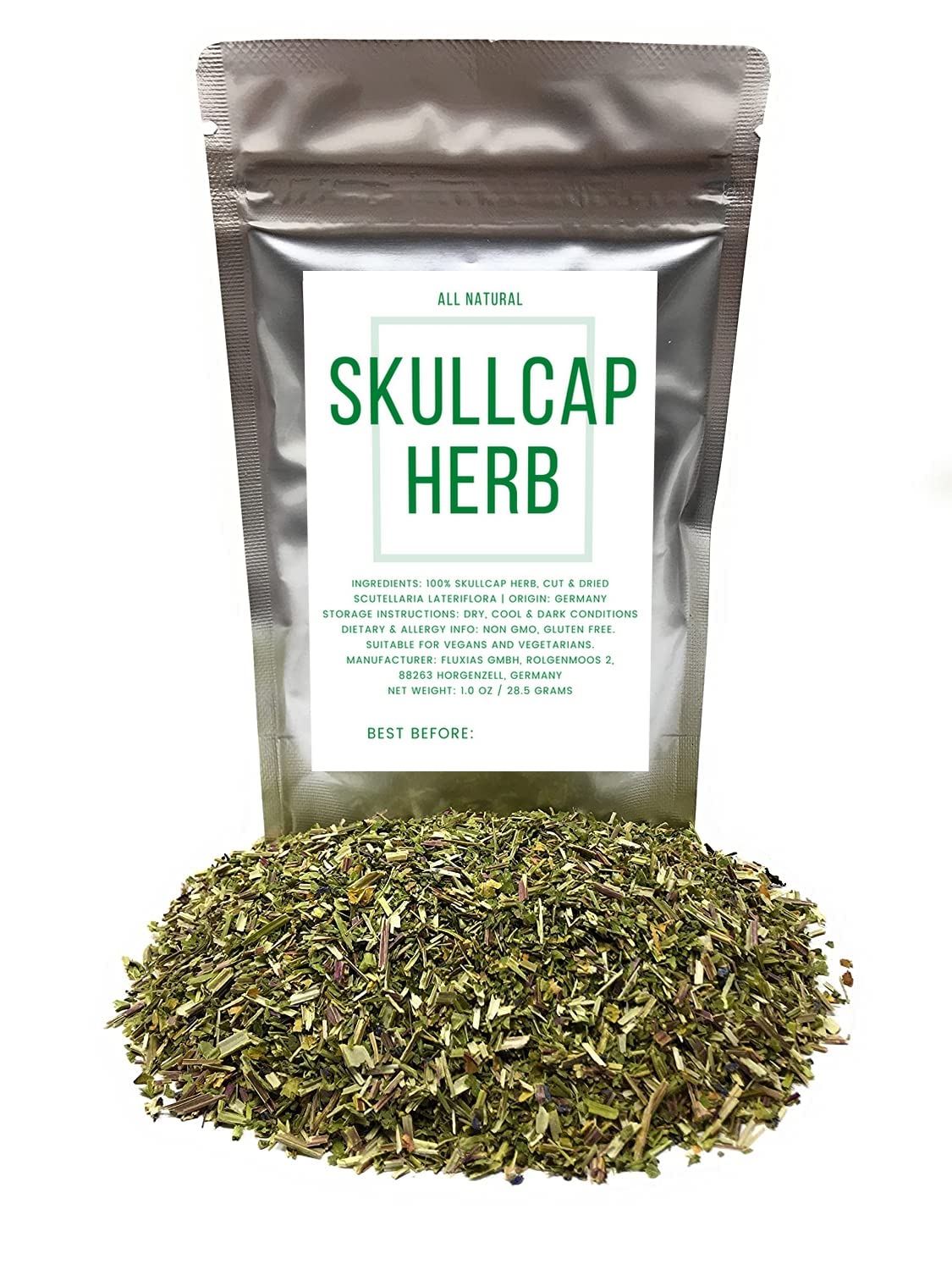 Naturegrail Skullcap leaves cut and dried, ready for herbal tea infusions.