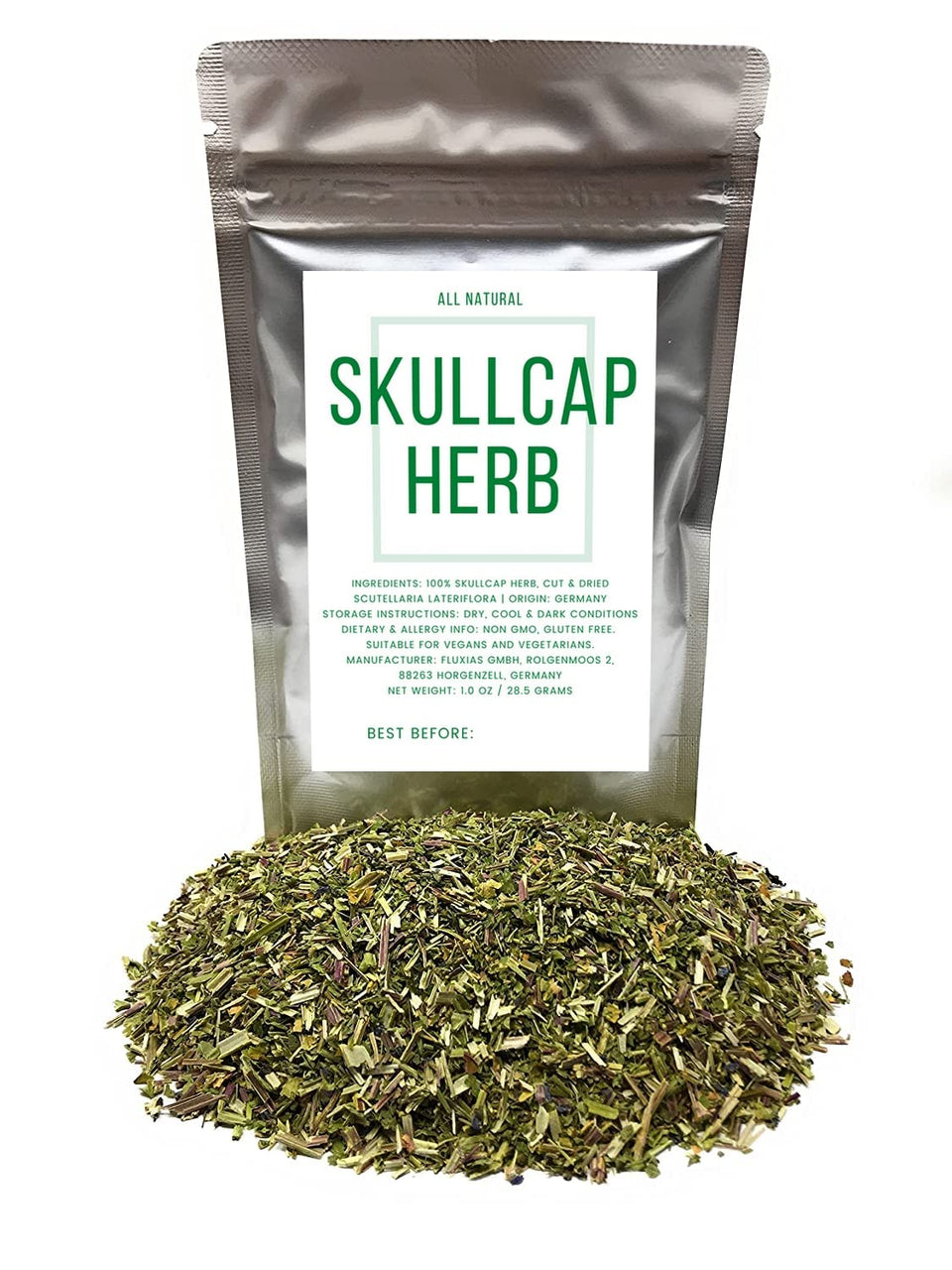 Naturegrail Skullcap leaves cut and dried, ready for herbal tea infusions.