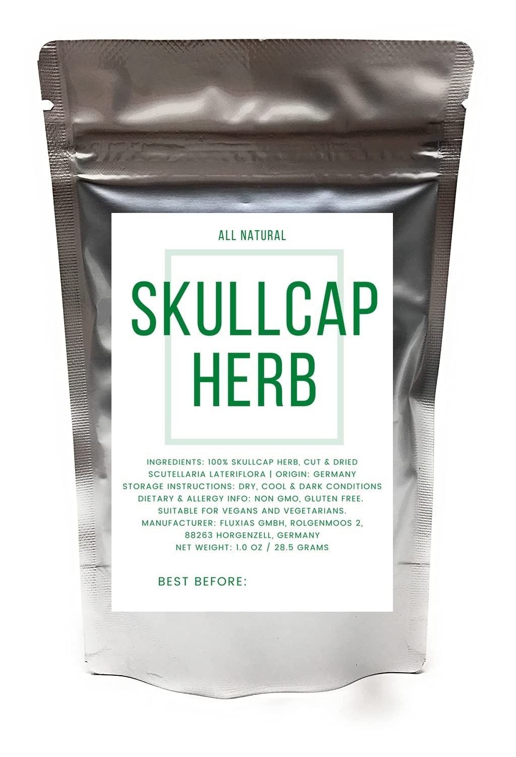Naturegrail skullcap packaging showing 1oz net weight for daily herbal teas.