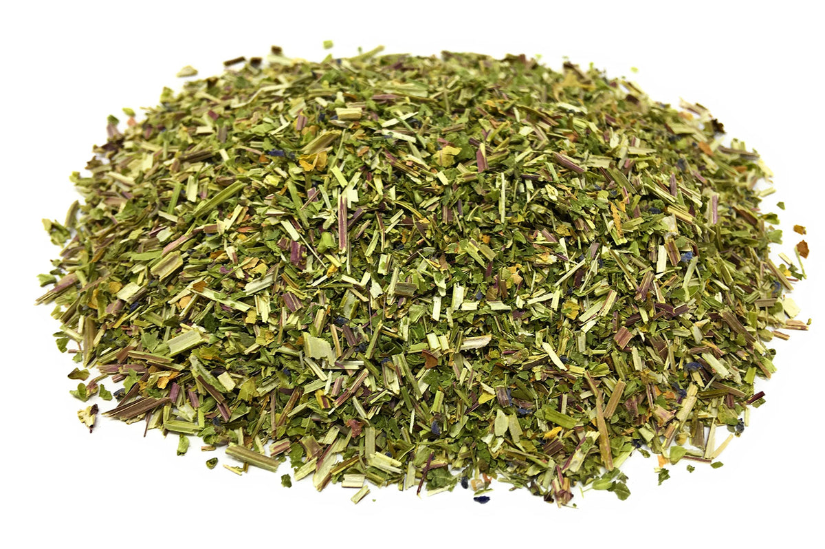 Naturegrail skullcap close-up of dried leaves, ideal for caffeine-free tea blends.