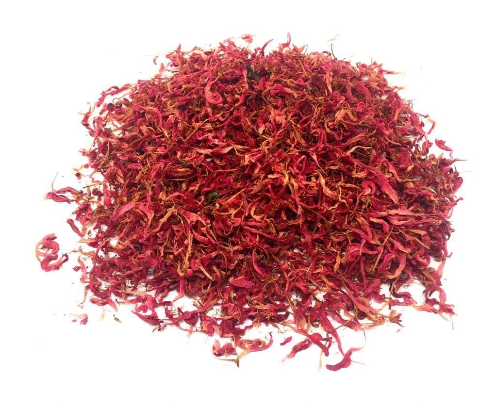 Closeup of dried Bergamot petals shows vivid scarlet color for tea blends.