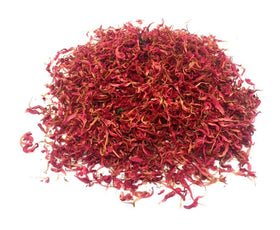 Closeup of dried Bergamot petals shows vivid scarlet color for tea blends.