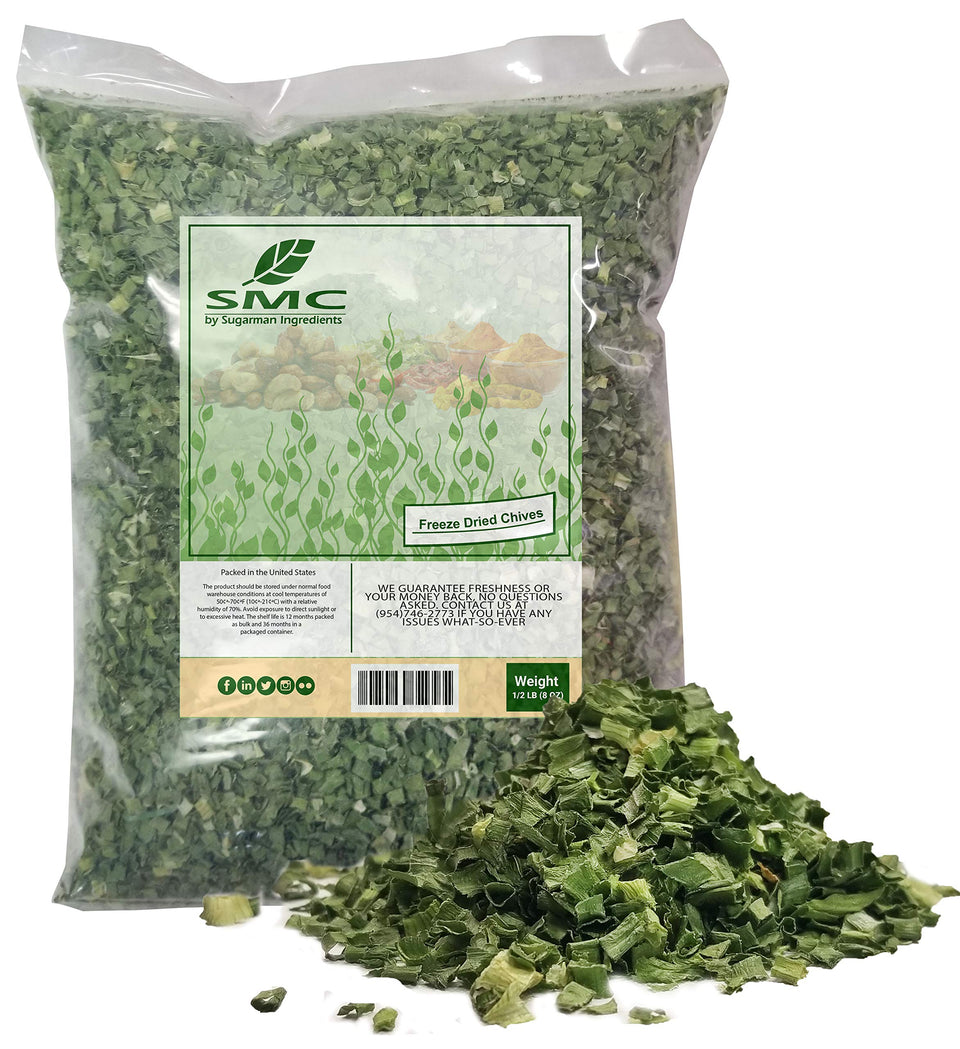 Naturejam freeze-dried chives half-pound heat-sealed, ready to sprinkle for bold savory flavor.