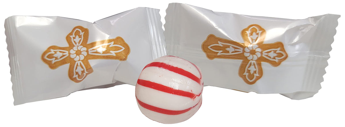 Naturejam Christening peppermint ball with gold cross wrapper for elegant favors