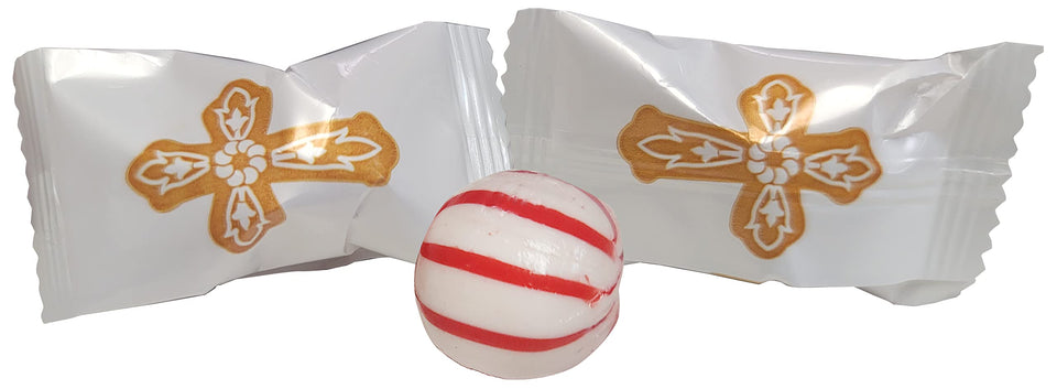 Naturejam Christening peppermint ball with gold cross wrapper for elegant favors
