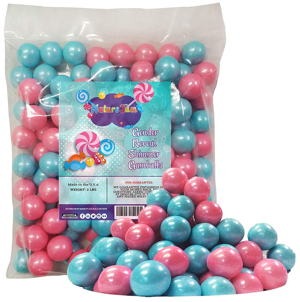 Naturejam gender reveal shimmer pink and blue gumballs for candy tables and color reveals.