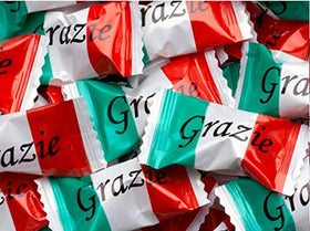 Grazie wrapped peppermint candies arranged for an Italian flag themed display.