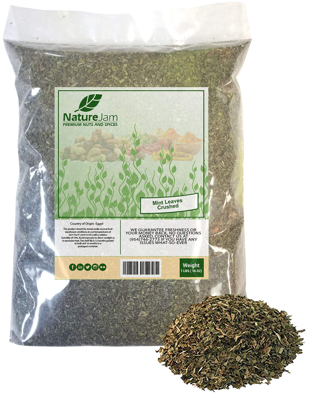 Naturejam Mint Leaves Crushed in a 1lb bulk bag for fresh kitchen use