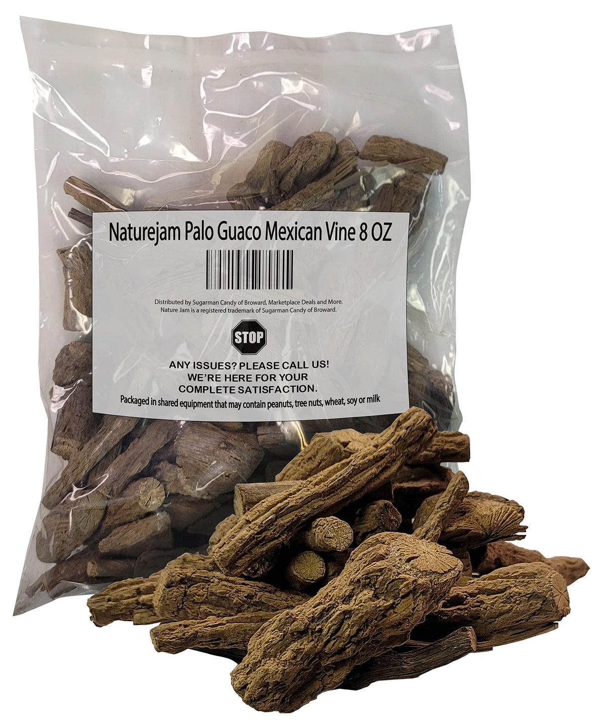 Naturejam Palo Guaco vine chunks in an 8oz bottle for traditional herbal preparation.