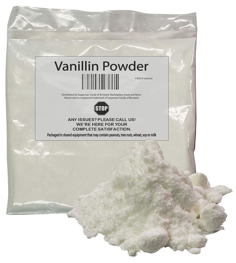 Naturejam Vanillin Powder 4oz bag close-up for consistent vanilla flavor in baking.