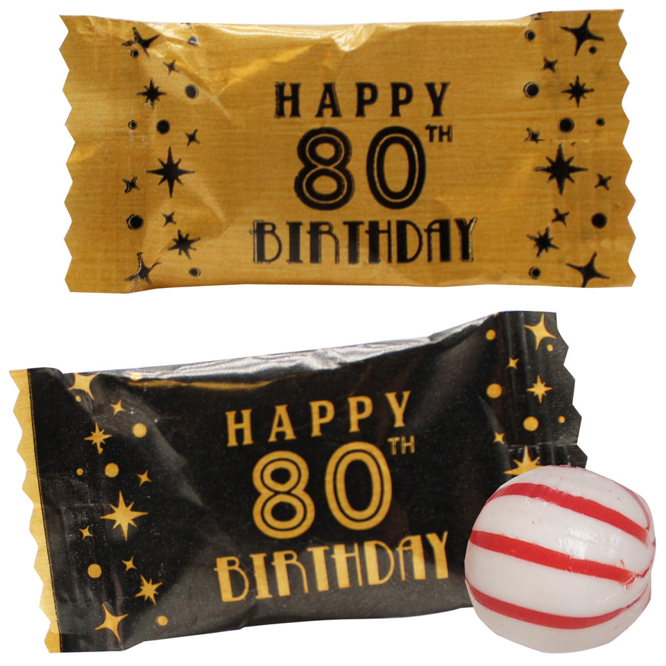 Naturejam wrapped 80th birthday peppermint balls in a bag, perfect party favors for milestone celebrations.