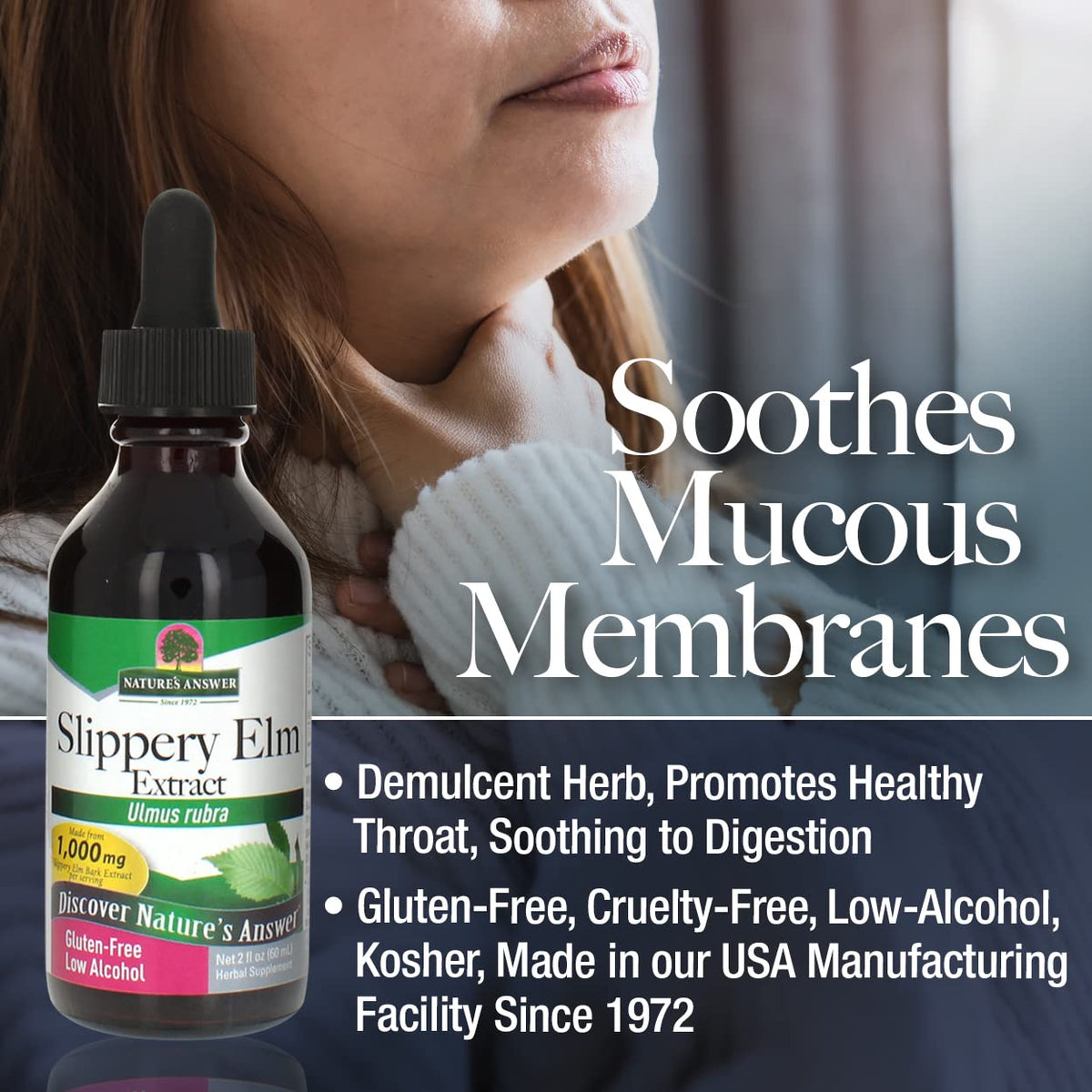 Nature's Answer Slippery Elm drops emphasize safe use for humans and pets.