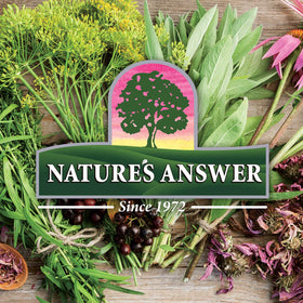 Nature's Answer Slippery Elm bottle with glass illustrates convenient daily use.