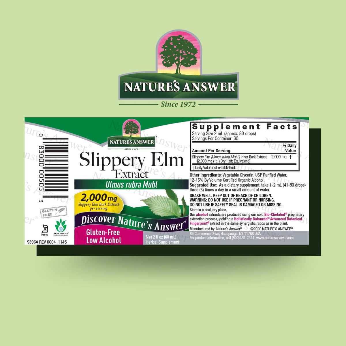 Nature's Answer Slippery Elm label close-up highlights potency and kosher quality.