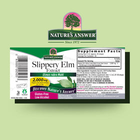 Nature's Answer Slippery Elm label close-up highlights potency and kosher quality.