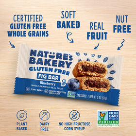 Nature's Bakery gluten-free fig bars blueberry ingredients label visible, trusted plant-based snack.